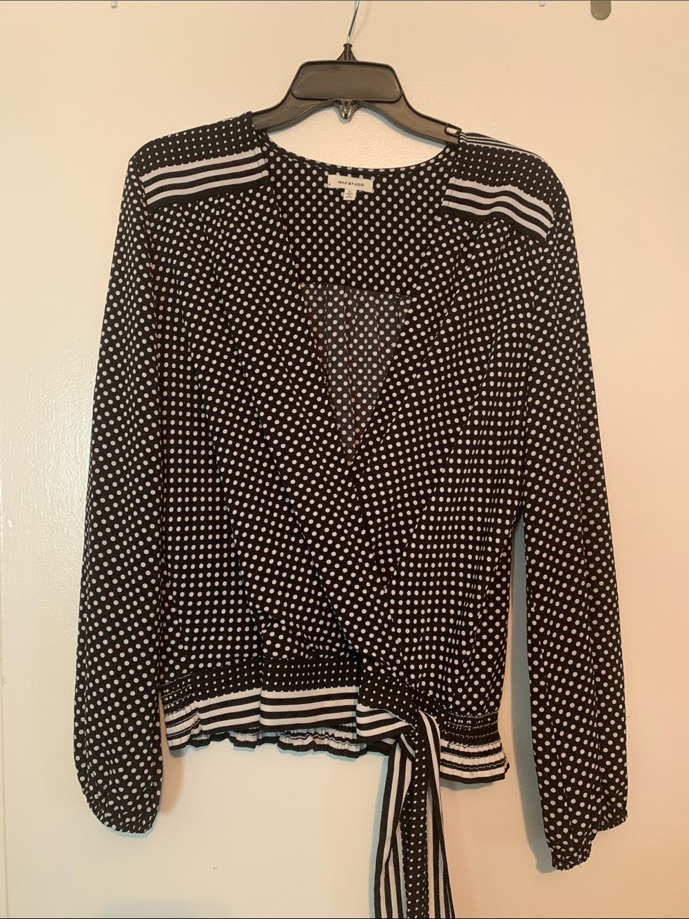 Max Studio Black & White Polka Dot Wrap Blouse with Tie